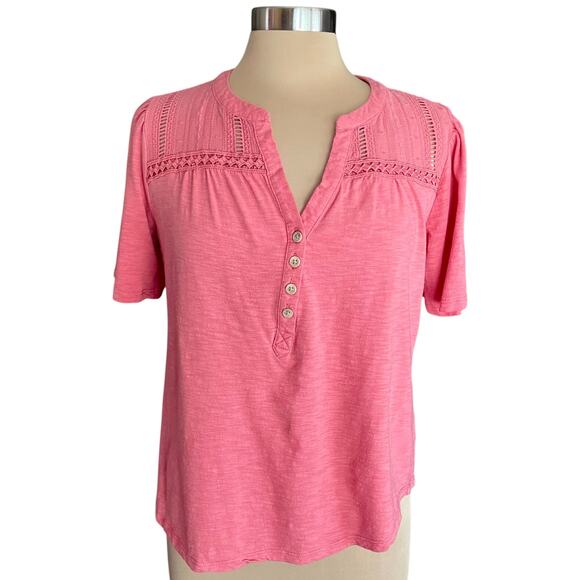 Knox Rose Coral Short Sleeve Top Lace Trim Sz M Boho Casual Summer Coastal Work - Picture 1 of 8